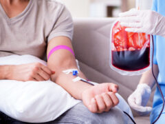 Patient getting blood transfusion in hospital clinic