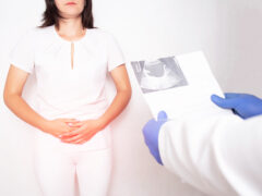 The doctor urologist holds the results of the examination of the ultrasound diagnostics of the bladder in a girl, the concept of bladder cancer