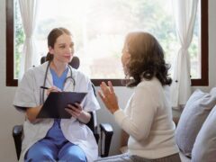 Home healthcare nurse, physical therapy with senior adult woman at home